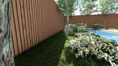 Memleketin peyzaj tasarımının 3 boyutlu görüntüsü. Bölgenin peyzajı. Bileşik peyzaj ve peyzaj çözümlerinin bilgisayar görselleştirmesi. Beyaz bahçe