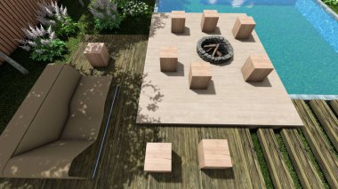 Memleketin peyzaj tasarımının 3 boyutlu görüntüsü. Bölgenin peyzajı. Bileşik peyzaj ve peyzaj çözümlerinin bilgisayar görselleştirmesi. Beyaz bahçe