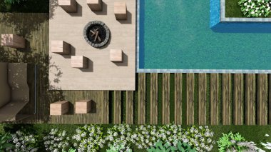 Memleketin peyzaj tasarımının 3 boyutlu görüntüsü. Bölgenin peyzajı. Bileşik peyzaj ve peyzaj çözümlerinin bilgisayar görselleştirmesi. Beyaz bahçe