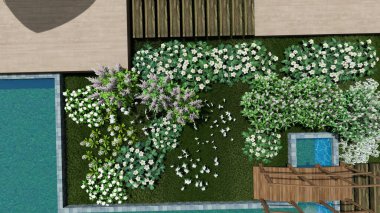 Memleketin peyzaj tasarımının 3 boyutlu görüntüsü. Bölgenin peyzajı. Bileşik peyzaj ve peyzaj çözümlerinin bilgisayar görselleştirmesi. Beyaz bahçe