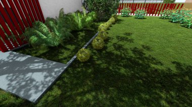 Memleketin peyzaj tasarımının 3 boyutlu görüntüsü. Bölgenin peyzajı. Bileşik peyzaj ve peyzaj çözümlerinin bilgisayar görselleştirmesi. Beyaz bahçe.