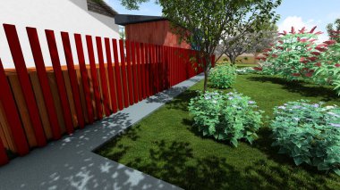 Memleketin peyzaj tasarımının 3 boyutlu görüntüsü. Bölgenin peyzajı. Bileşik peyzaj ve peyzaj çözümlerinin bilgisayar görselleştirmesi. Beyaz bahçe.