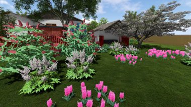 Memleketin peyzaj tasarımının 3 boyutlu görüntüsü. Bölgenin peyzajı. Bileşik peyzaj ve peyzaj çözümlerinin bilgisayar görselleştirmesi. Beyaz bahçe.