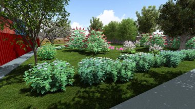 Memleketin peyzaj tasarımının 3 boyutlu görüntüsü. Bölgenin peyzajı. Bileşik peyzaj ve peyzaj çözümlerinin bilgisayar görselleştirmesi. Beyaz bahçe.