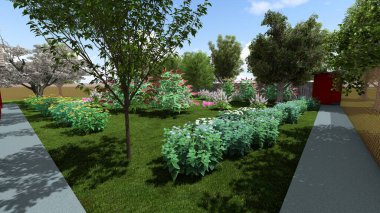 Memleketin peyzaj tasarımının 3 boyutlu görüntüsü. Bölgenin peyzajı. Bileşik peyzaj ve peyzaj çözümlerinin bilgisayar görselleştirmesi. Beyaz bahçe.