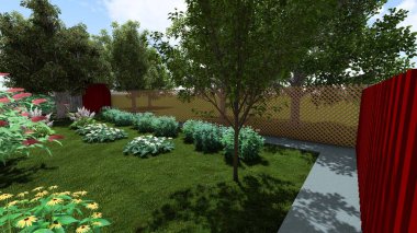 Memleketin peyzaj tasarımının 3 boyutlu görüntüsü. Bölgenin peyzajı. Bileşik peyzaj ve peyzaj çözümlerinin bilgisayar görselleştirmesi. Beyaz bahçe.