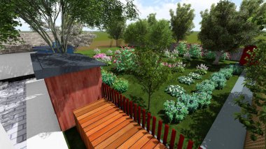 Memleketin peyzaj tasarımının 3 boyutlu görüntüsü. Bölgenin peyzajı. Bileşik peyzaj ve peyzaj çözümlerinin bilgisayar görselleştirmesi. Beyaz bahçe.