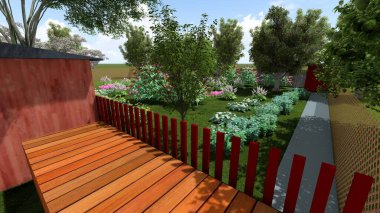 Memleketin peyzaj tasarımının 3 boyutlu görüntüsü. Bölgenin peyzajı. Bileşik peyzaj ve peyzaj çözümlerinin bilgisayar görselleştirmesi. Beyaz bahçe.