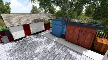 Memleketin peyzaj tasarımının 3 boyutlu görüntüsü. Bölgenin peyzajı. Bileşik peyzaj ve peyzaj çözümlerinin bilgisayar görselleştirmesi. Beyaz bahçe.