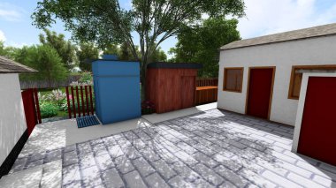 Memleketin peyzaj tasarımının 3 boyutlu görüntüsü. Bölgenin peyzajı. Bileşik peyzaj ve peyzaj çözümlerinin bilgisayar görselleştirmesi. Beyaz bahçe.