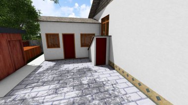 Memleketin peyzaj tasarımının 3 boyutlu görüntüsü. Bölgenin peyzajı. Bileşik peyzaj ve peyzaj çözümlerinin bilgisayar görselleştirmesi. Beyaz bahçe.