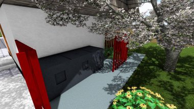 Memleketin peyzaj tasarımının 3 boyutlu görüntüsü. Bölgenin peyzajı. Bileşik peyzaj ve peyzaj çözümlerinin bilgisayar görselleştirmesi. Beyaz bahçe.