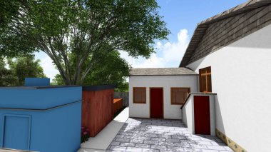 Memleketin peyzaj tasarımının 3 boyutlu görüntüsü. Bölgenin peyzajı. Bileşik peyzaj ve peyzaj çözümlerinin bilgisayar görselleştirmesi. Beyaz bahçe.