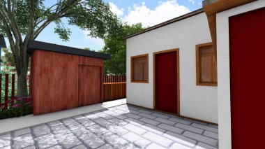 Memleketin peyzaj tasarımının 3 boyutlu görüntüsü. Bölgenin peyzajı. Bileşik peyzaj ve peyzaj çözümlerinin bilgisayar görselleştirmesi. Beyaz bahçe.