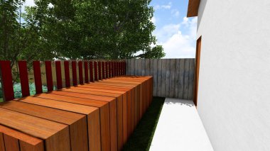 Memleketin peyzaj tasarımının 3 boyutlu görüntüsü. Bölgenin peyzajı. Bileşik peyzaj ve peyzaj çözümlerinin bilgisayar görselleştirmesi. Beyaz bahçe.