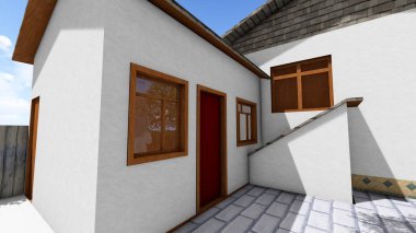 Memleketin peyzaj tasarımının 3 boyutlu görüntüsü. Bölgenin peyzajı. Bileşik peyzaj ve peyzaj çözümlerinin bilgisayar görselleştirmesi. Beyaz bahçe.