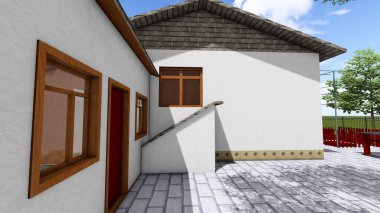 Memleketin peyzaj tasarımının 3 boyutlu görüntüsü. Bölgenin peyzajı. Bileşik peyzaj ve peyzaj çözümlerinin bilgisayar görselleştirmesi. Beyaz bahçe.