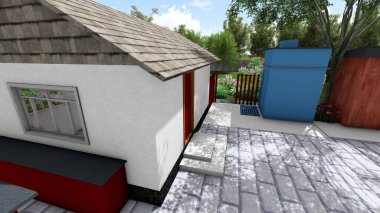 Memleketin peyzaj tasarımının 3 boyutlu görüntüsü. Bölgenin peyzajı. Bileşik peyzaj ve peyzaj çözümlerinin bilgisayar görselleştirmesi. Beyaz bahçe.