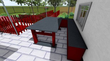 Memleketin peyzaj tasarımının 3 boyutlu görüntüsü. Bölgenin peyzajı. Bileşik peyzaj ve peyzaj çözümlerinin bilgisayar görselleştirmesi. Beyaz bahçe.