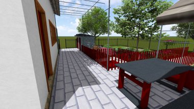 Memleketin peyzaj tasarımının 3 boyutlu görüntüsü. Bölgenin peyzajı. Bileşik peyzaj ve peyzaj çözümlerinin bilgisayar görselleştirmesi. Beyaz bahçe.