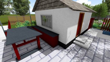 Memleketin peyzaj tasarımının 3 boyutlu görüntüsü. Bölgenin peyzajı. Bileşik peyzaj ve peyzaj çözümlerinin bilgisayar görselleştirmesi. Beyaz bahçe.