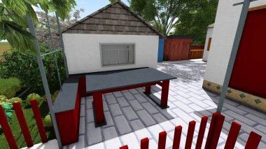 Memleketin peyzaj tasarımının 3 boyutlu görüntüsü. Bölgenin peyzajı. Bileşik peyzaj ve peyzaj çözümlerinin bilgisayar görselleştirmesi. Beyaz bahçe.