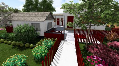 Memleketin peyzaj tasarımının 3 boyutlu görüntüsü. Bölgenin peyzajı. Bileşik peyzaj ve peyzaj çözümlerinin bilgisayar görselleştirmesi. Beyaz bahçe.