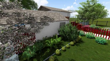 Memleketin peyzaj tasarımının 3 boyutlu görüntüsü. Bölgenin peyzajı. Bileşik peyzaj ve peyzaj çözümlerinin bilgisayar görselleştirmesi. Beyaz bahçe.