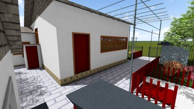 Memleketin peyzaj tasarımının 3 boyutlu görüntüsü. Bölgenin peyzajı. Bileşik peyzaj ve peyzaj çözümlerinin bilgisayar görselleştirmesi. Beyaz bahçe.