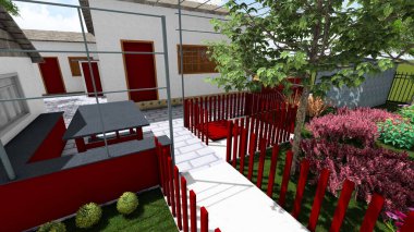 Memleketin peyzaj tasarımının 3 boyutlu görüntüsü. Bölgenin peyzajı. Bileşik peyzaj ve peyzaj çözümlerinin bilgisayar görselleştirmesi. Beyaz bahçe.