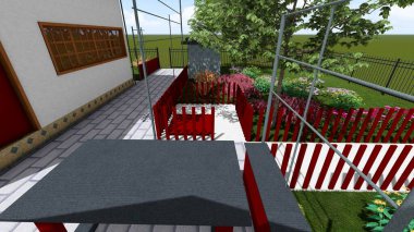 Memleketin peyzaj tasarımının 3 boyutlu görüntüsü. Bölgenin peyzajı. Bileşik peyzaj ve peyzaj çözümlerinin bilgisayar görselleştirmesi. Beyaz bahçe.