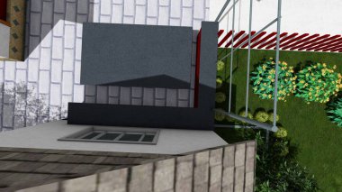 Memleketin peyzaj tasarımının 3 boyutlu görüntüsü. Bölgenin peyzajı. Bileşik peyzaj ve peyzaj çözümlerinin bilgisayar görselleştirmesi. Beyaz bahçe.