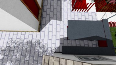 Memleketin peyzaj tasarımının 3 boyutlu görüntüsü. Bölgenin peyzajı. Bileşik peyzaj ve peyzaj çözümlerinin bilgisayar görselleştirmesi. Beyaz bahçe.