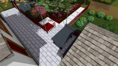 Memleketin peyzaj tasarımının 3 boyutlu görüntüsü. Bölgenin peyzajı. Bileşik peyzaj ve peyzaj çözümlerinin bilgisayar görselleştirmesi. Beyaz bahçe.