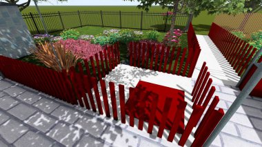 Memleketin peyzaj tasarımının 3 boyutlu görüntüsü. Bölgenin peyzajı. Bileşik peyzaj ve peyzaj çözümlerinin bilgisayar görselleştirmesi. Beyaz bahçe.