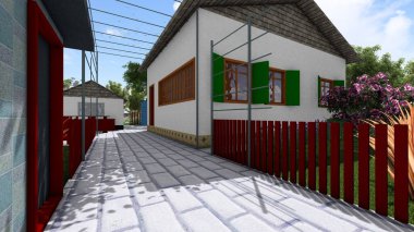 Memleketin peyzaj tasarımının 3 boyutlu görüntüsü. Bölgenin peyzajı. Bileşik peyzaj ve peyzaj çözümlerinin bilgisayar görselleştirmesi. Beyaz bahçe.