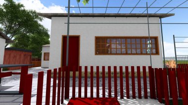 Memleketin peyzaj tasarımının 3 boyutlu görüntüsü. Bölgenin peyzajı. Bileşik peyzaj ve peyzaj çözümlerinin bilgisayar görselleştirmesi. Beyaz bahçe.