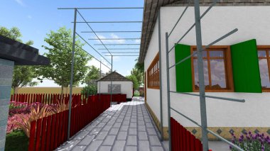 Memleketin peyzaj tasarımının 3 boyutlu görüntüsü. Bölgenin peyzajı. Bileşik peyzaj ve peyzaj çözümlerinin bilgisayar görselleştirmesi. Beyaz bahçe.