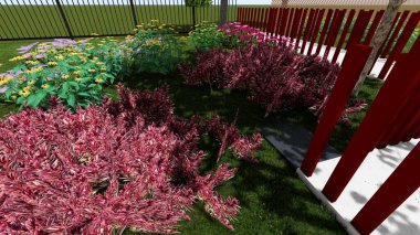 Memleketin peyzaj tasarımının 3 boyutlu görüntüsü. Bölgenin peyzajı. Bileşik peyzaj ve peyzaj çözümlerinin bilgisayar görselleştirmesi. Beyaz bahçe.