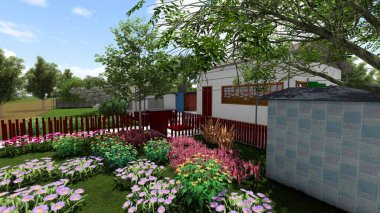 Memleketin peyzaj tasarımının 3 boyutlu görüntüsü. Bölgenin peyzajı. Bileşik peyzaj ve peyzaj çözümlerinin bilgisayar görselleştirmesi. Beyaz bahçe.