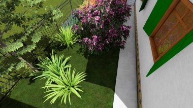 Memleketin peyzaj tasarımının 3 boyutlu görüntüsü. Bölgenin peyzajı. Bileşik peyzaj ve peyzaj çözümlerinin bilgisayar görselleştirmesi. Beyaz bahçe.