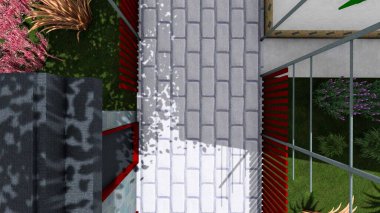 Memleketin peyzaj tasarımının 3 boyutlu görüntüsü. Bölgenin peyzajı. Bileşik peyzaj ve peyzaj çözümlerinin bilgisayar görselleştirmesi. Beyaz bahçe.