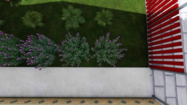 Memleketin peyzaj tasarımının 3 boyutlu görüntüsü. Bölgenin peyzajı. Bileşik peyzaj ve peyzaj çözümlerinin bilgisayar görselleştirmesi. Beyaz bahçe.