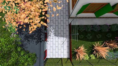 Memleketin peyzaj tasarımının 3 boyutlu görüntüsü. Bölgenin peyzajı. Bileşik peyzaj ve peyzaj çözümlerinin bilgisayar görselleştirmesi. Beyaz bahçe.