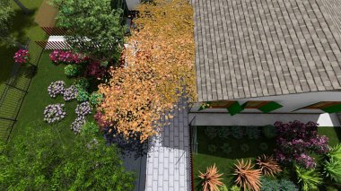 Memleketin peyzaj tasarımının 3 boyutlu görüntüsü. Bölgenin peyzajı. Bileşik peyzaj ve peyzaj çözümlerinin bilgisayar görselleştirmesi. Beyaz bahçe.