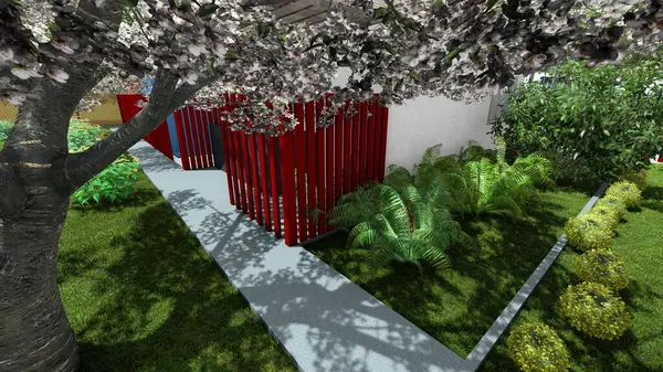 Memleketin peyzaj tasarımının 3 boyutlu görüntüsü. Bölgenin peyzajı. Bileşik peyzaj ve peyzaj çözümlerinin bilgisayar görselleştirmesi. Beyaz bahçe.