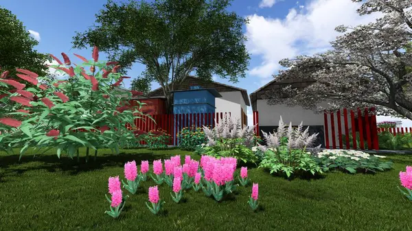 Memleketin peyzaj tasarımının 3 boyutlu görüntüsü. Bölgenin peyzajı. Bileşik peyzaj ve peyzaj çözümlerinin bilgisayar görselleştirmesi. Beyaz bahçe.