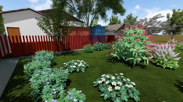 Memleketin peyzaj tasarımının 3 boyutlu görüntüsü. Bölgenin peyzajı. Bileşik peyzaj ve peyzaj çözümlerinin bilgisayar görselleştirmesi. Beyaz bahçe.