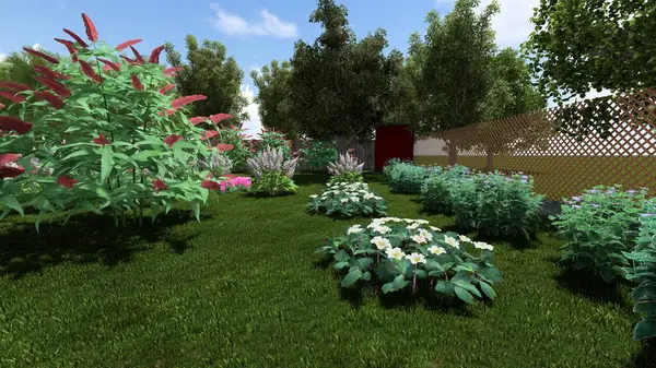 Memleketin peyzaj tasarımının 3 boyutlu görüntüsü. Bölgenin peyzajı. Bileşik peyzaj ve peyzaj çözümlerinin bilgisayar görselleştirmesi. Beyaz bahçe.