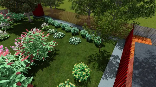 Memleketin peyzaj tasarımının 3 boyutlu görüntüsü. Bölgenin peyzajı. Bileşik peyzaj ve peyzaj çözümlerinin bilgisayar görselleştirmesi. Beyaz bahçe.